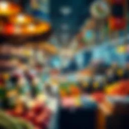 A vibrant market showcasing diverse food and beverage products.