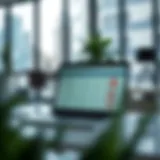 Modern office setting with a laptop displaying background check results