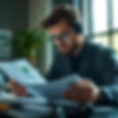 A visual of a person analyzing financial documents and options