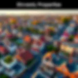 Aerial view of diverse properties in a city