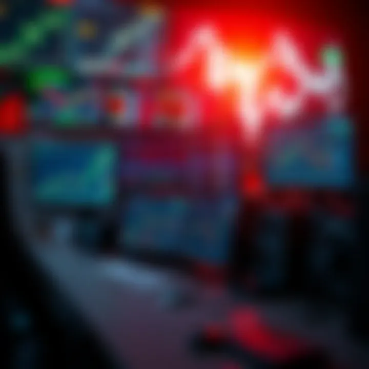 Trading Workstation with Real-Time Data A sophisticated trading workstation with multiple screens showing real-time data