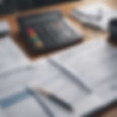 An organized workspace with tax documents and a calculator on a desk.