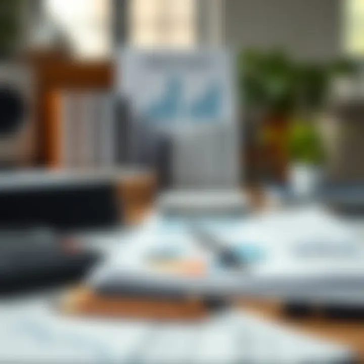 A collection of financial reports and analytical tools on a desk